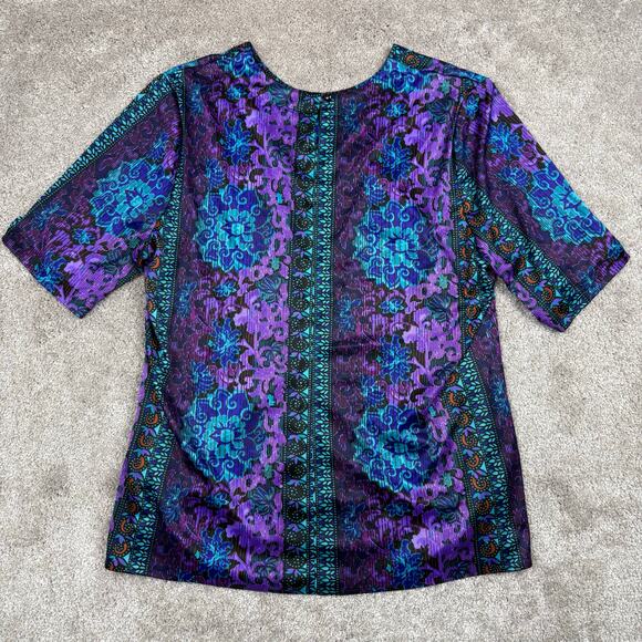 Abstract Short Sleeve Blouse Size XL Purple Green Slinky Floral Moody Office - Picture 3 of 4